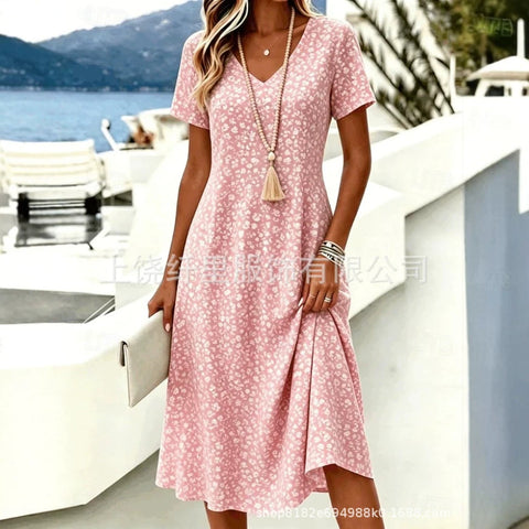 Printed women's v-neck short-sleeved temperament fashion dress m303046