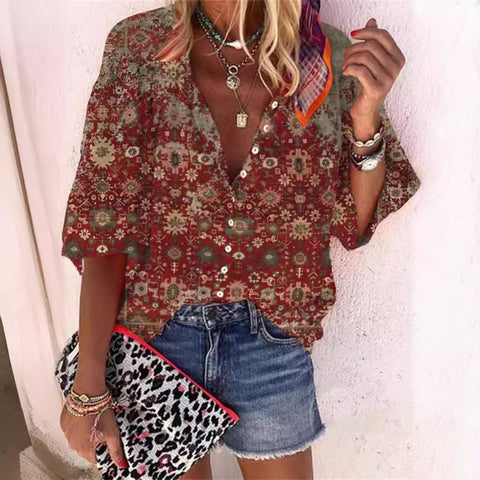 women's clothing stand-up collar loose button retro printed casual shirt m301723