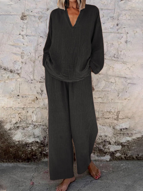 Lässiger Pullover mit V-Ausschnitt, lange Ärmel und Hosen mit Tasche, mehrfarbiger Baumwollanzug für Damen m301441 
