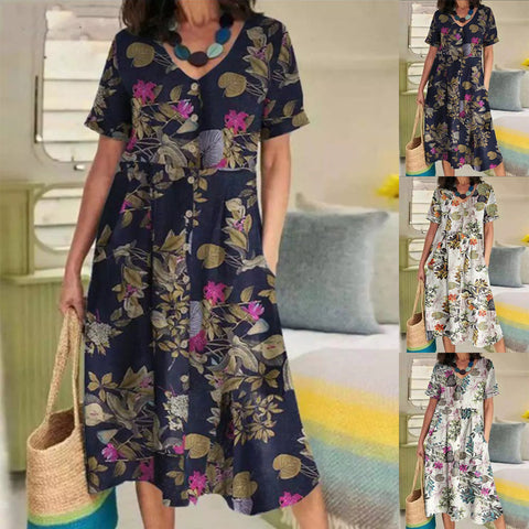 Summer printed cotton and linen retro ethnic style loose short-sleeved pendulum dress m301970