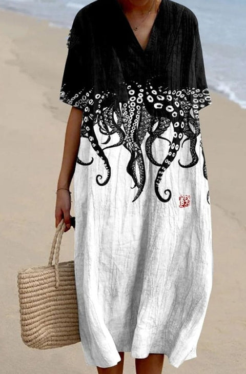 Large size women's shirt short-sleeved dress floral seaside vacation dress m302744