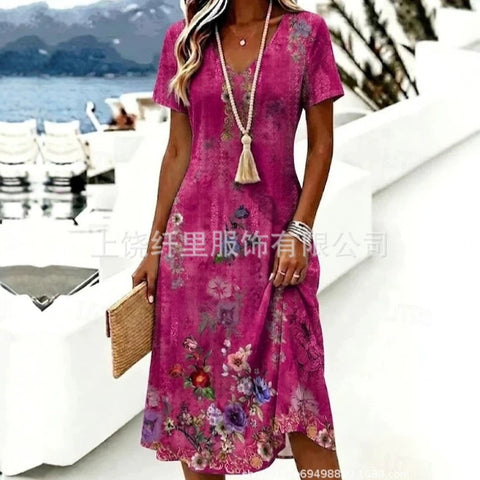 Printed women's v-neck short-sleeved temperament fashion dress m303046