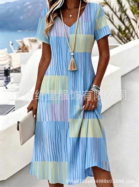 Printed women's v-neck short-sleeved temperament fashion dress m303046
