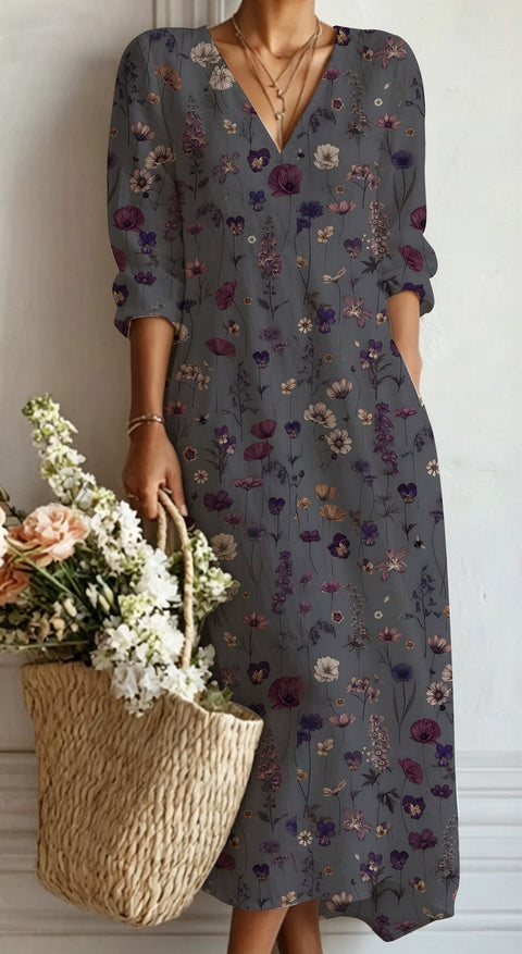 Women's loose V-neck fashion high-end long-sleeved printed collar dress m302766