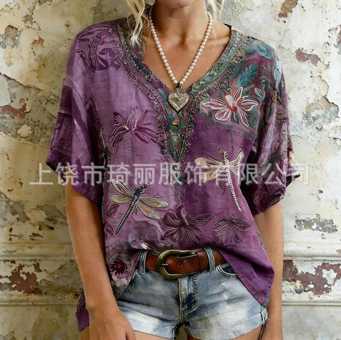 Imitation hemp V-neck shoulder-down short-sleeved top women's FF303345
