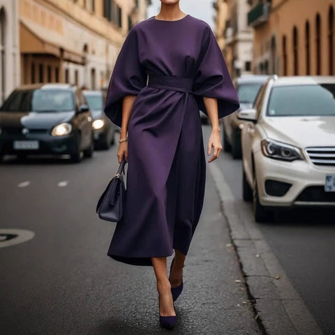 Mode Temperament elegante einfarbige Taille Kleid lässig Fledermaus Ärmel langes Kleid m301326 