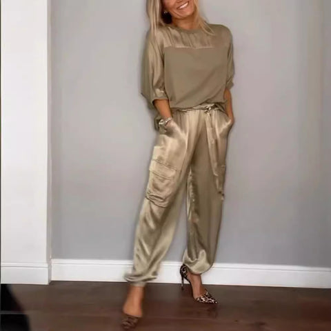 Women's smooth satin half-sleeved top and pants set two-piece set m301649
