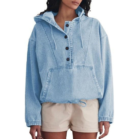 Fashion denim hoodie button-down pullover jacket denim sweatshirt FF303261