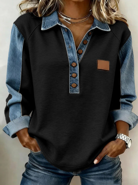 Wind knitted lapel long-sleeved shirt women's autumn and winter versatile casual shirt splicing denim m302241