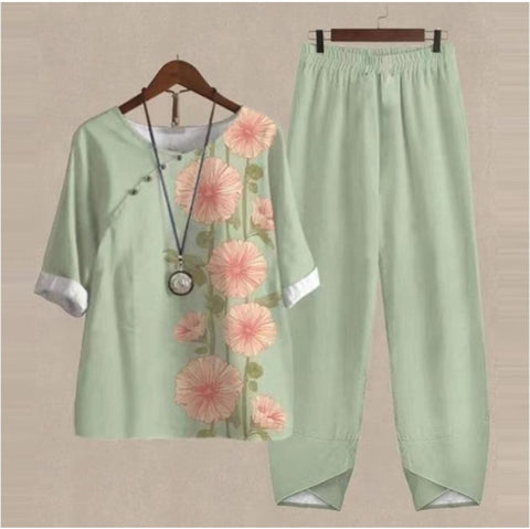 Split sleeved printed top and pants two-piece set m300036