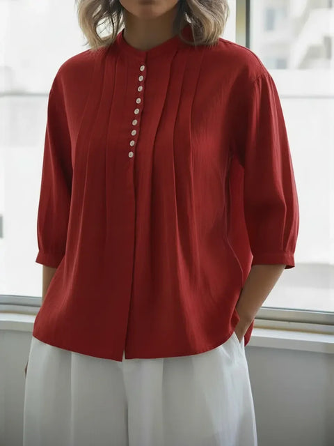 Women's cotton shirt solid color casual button-down pleated shirt m302690
