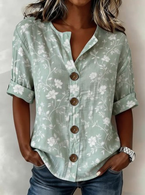 V-Neck Shirt Medium Sleeve Flower Print Button Casual Ladies Shirt m302697