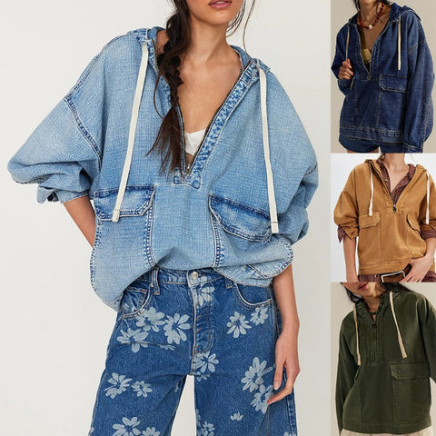 Fashion Loose Casual Wash Hooded Denim Long Sleeve Top FF303253