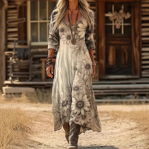 Creative tie-dye 3D printing women's new V-neck long-sleeved dress medium and long dress m302799