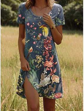 Versatile polka dot flower short-sleeved round neck medium and long skirt m302614