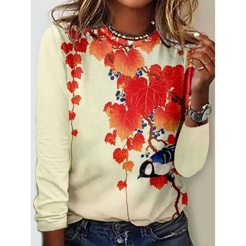 Langarm T-Shirt Damen Einfarbig Blume m300934 