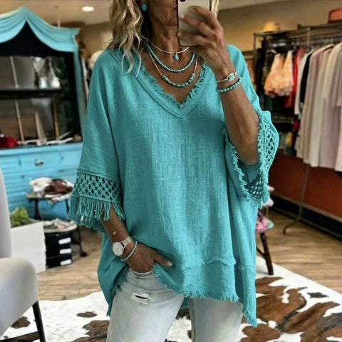 Loose V-neck fringed versatile top m303223