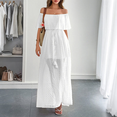 Robe longue élégante à manches courtes et col rond pour femme, style tube, taille haute, m301405 