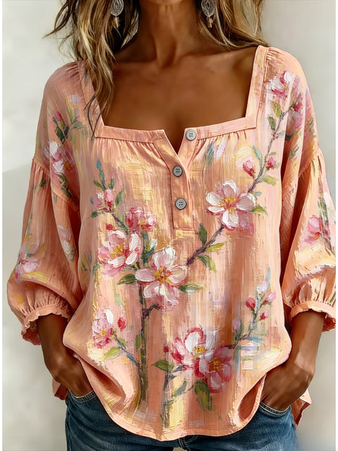 Women's square collar button-down shoulder seven-quarter sleeve medium sleeve T-shirt trend m302838