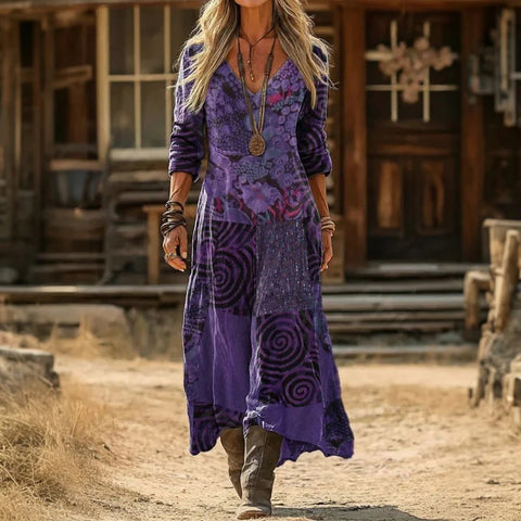 Creative tie-dye 3D printing women's new V-neck long-sleeved dress medium and long dress m302799