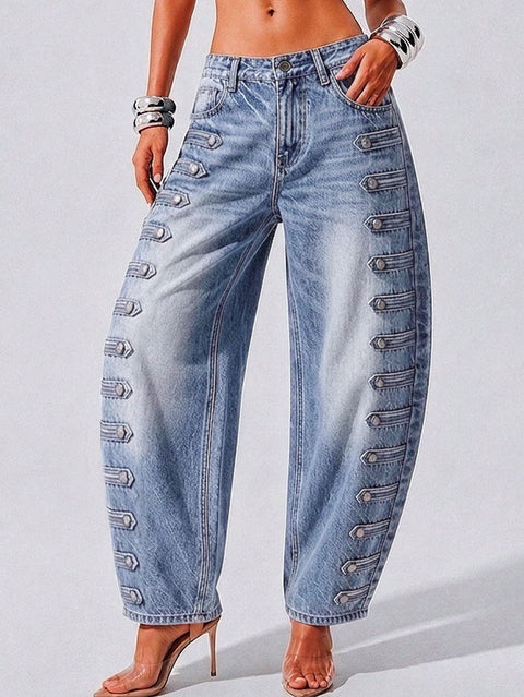 Court style high waist scimitar jeans women loose and thin street hipster versatile button washed trousers FF303268