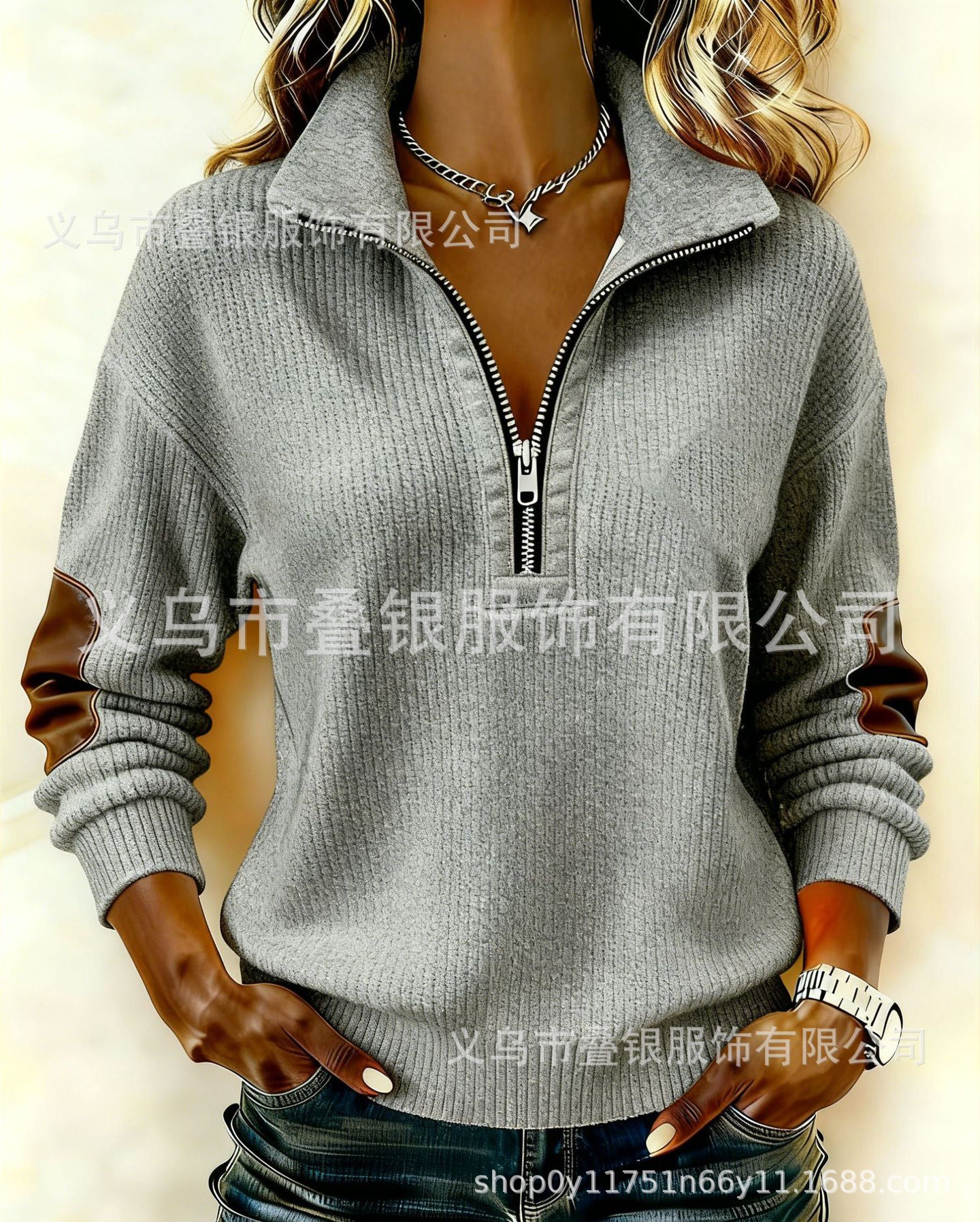 Long-sleeved semi-cardigan zipper sweater casual retro color matching ...