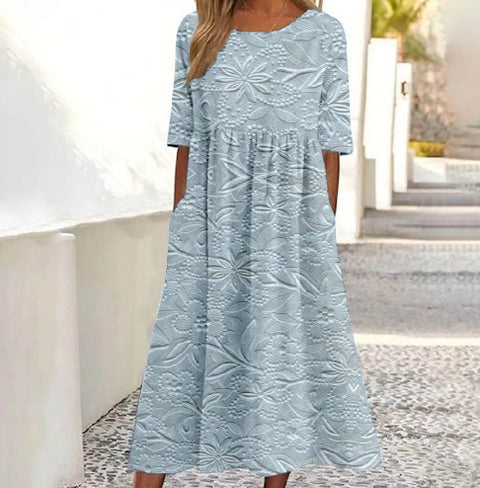 Damen Casual Rundhals Pullover Kurzarm 3D Druck Plissee Taille Swing Langes Kleid m301299 