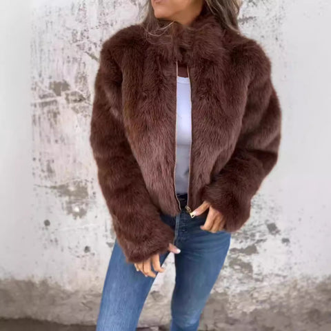 Herbst und Winter Damen Kunstpelz Rollkragen Reißverschluss Casual Top Jacke m301328 