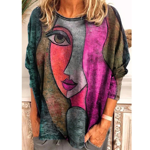 T-shirt ample à manches longues pour femme, imprimé visage, grande taille, m300665 