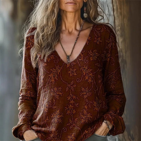 Casual V-Neck Long Sleeve Pullover Digital Printing Women's Upper T-Shirt FF303120