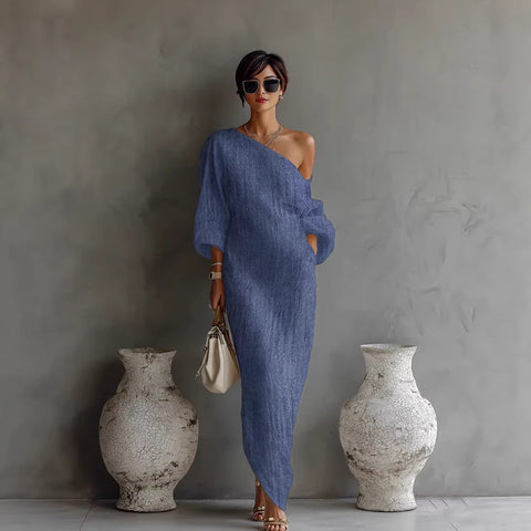 Spring and Summer New Fashion High-end Women's Long Sleeve Off-the-Shoulder Long Skirt Mid-Waist Pullover Dress M302506
