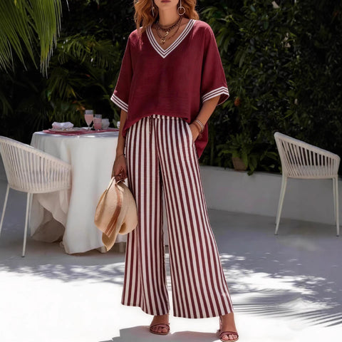 Women's casual striped comfortable loose V-neck two-piece set m302912