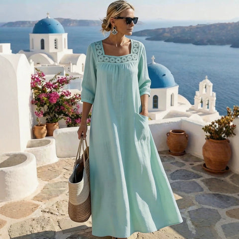 Casual square collar 7-point sleeve washed cotton solid color women's dress m303165