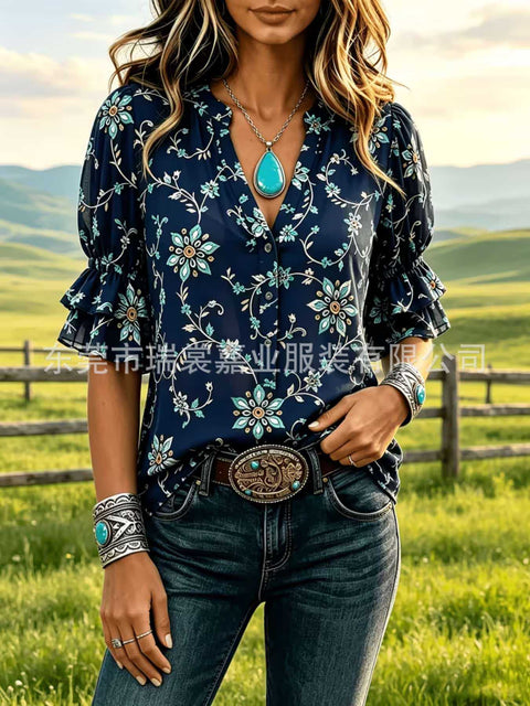 V-neck three-button top digital print horn-sleeved shirt FF303333