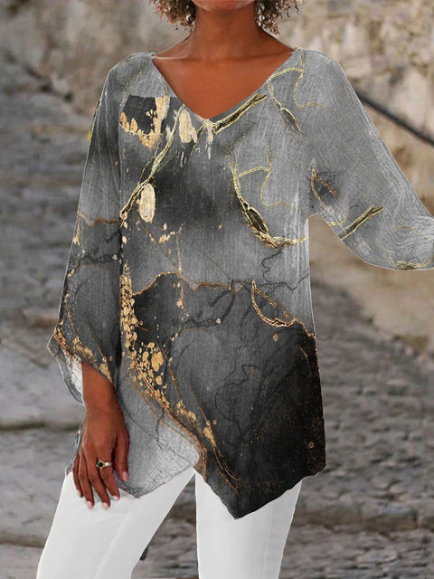 T-shirt ample à manches 3/4 et col en V pour femme, imprimé animalier et paysage naturel, m301289 