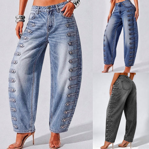 Court style high waist scimitar jeans women loose and thin street hipster versatile button washed trousers FF303268