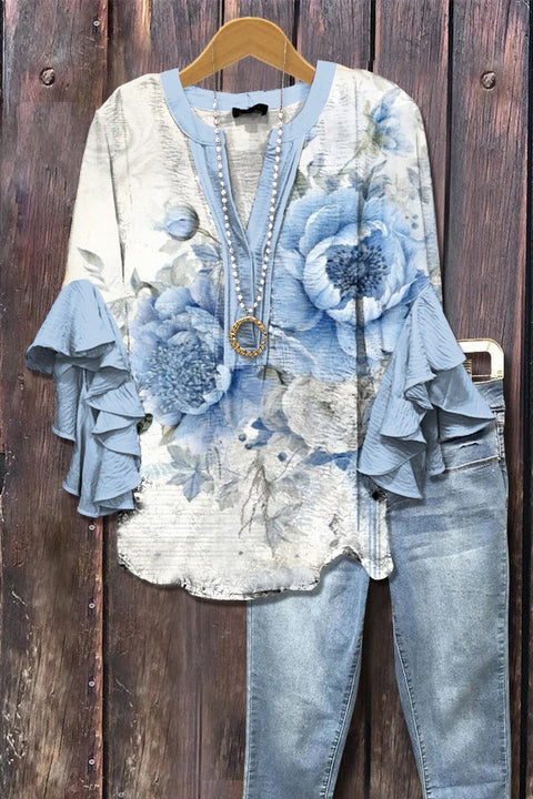 Digital printing casual trend V-neck lotus edge T-shirt women's m302725-1