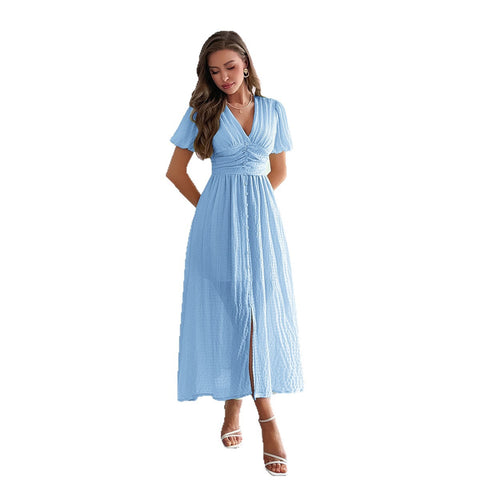 Robe longue à manches courtes et décolleté plongeant en V, style vacances, m301395 