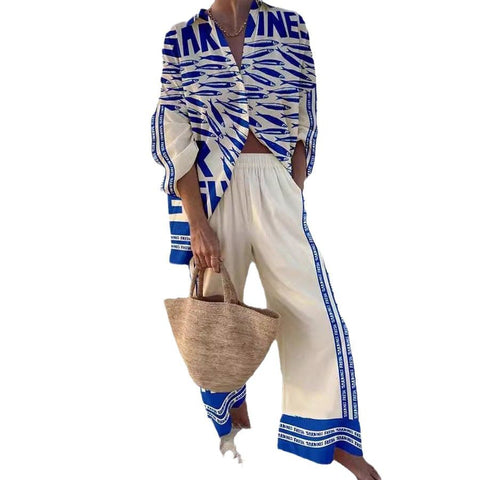 Linglong hemp fish shading casual suit loose sports wide-leg pants marine element casual shirt m303169