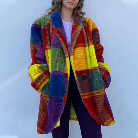 Langärmlige Revers-Farben-Matching-Jacke bedruckter Woll-Langmantel m300585 
