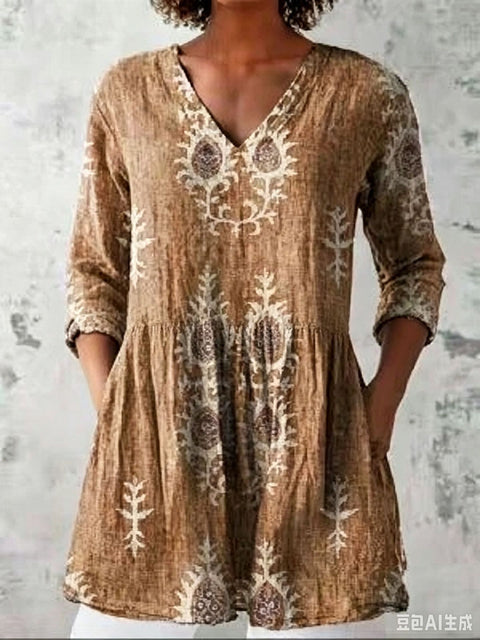 V-neck medium-sleeved T-shirt loose and casual new fashion women's top FF303377