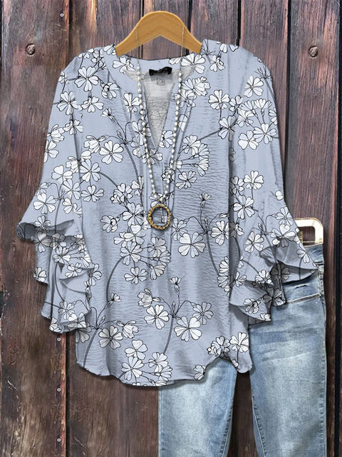 Creative floral element printing digital printing casual trend V-neck lotus edge horn T-shirt m302747