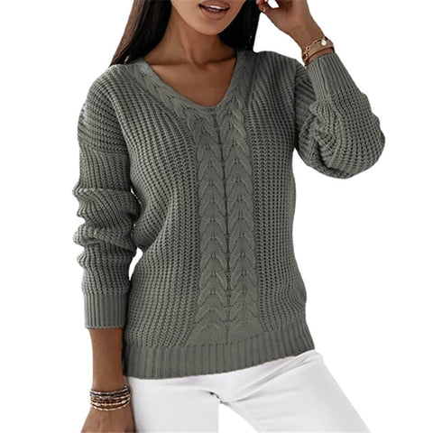 Pullover Damen Langarm V-Ausschnitt Einfarbig Twist Lässiger Strickpullover M300487 