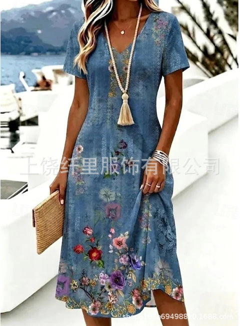 Printed women's v-neck short-sleeved temperament fashion dress m303046