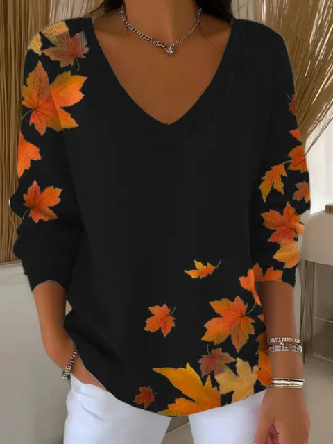 Shoulder V-neck long-sleeved autumn leaf 3D digital printing women's top FF303401