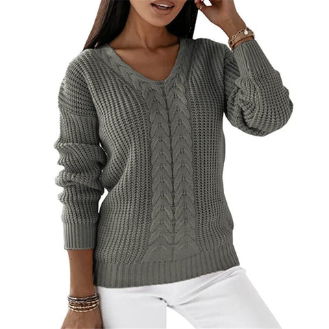 Pullover Damen Langarm V-Ausschnitt Einfarbig Twist Lässiger Strickpullover M300487 