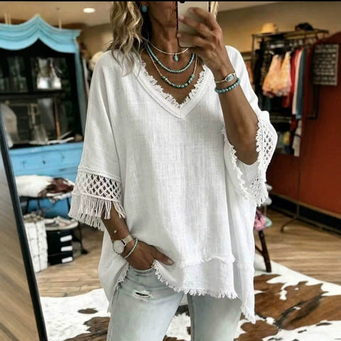 Loose V-neck fringed versatile top m303223