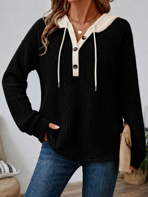 Loose v-neck button-down drawstring hooded casual women's top FF303504
