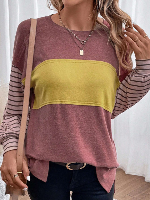 Pull col rond décontracté rayé contrastant à manches longues pour femme m300875 