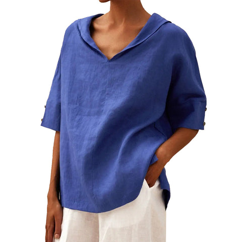 Einfarbiges, lockeres T-Shirt aus Baumwolle und Leinen für Damen mit Kapuze m301294 